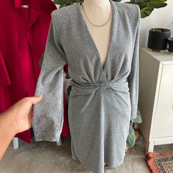Zara Silver Glittery Knot Front Shoulder Padded Cocktail Holiday Dress NWOT - Picture 4 of 10